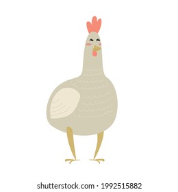 Cute cartoon chicken isolated on white transparent background. Vector flat design children's illustration. Side view.  Hen drawing. Side view