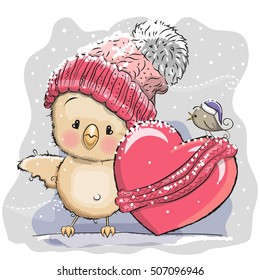 Cute Cartoon Chicken in a knitted cap and a heart wrapped in a scarf