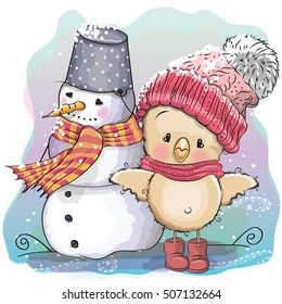 Cute Cartoon Chicken in a knitted cap and snowman