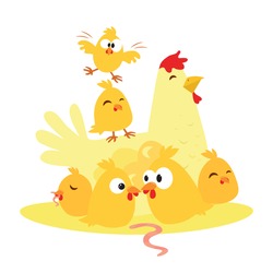 Cute Cartoon Chicken And Chicken, The Mother And Child. Vector Illustration On White Background.