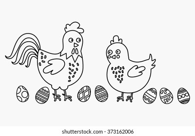 Cute Cartoon Chicken mother and chuck with easter eggs vector illustration. Cartoon bird chicken isolated on white background. The linear vector image. . For the feast of Easter, poultry