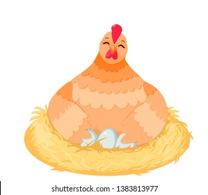 Cute cartoon chicken in the nest hatching eggs