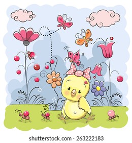 Cute Cartoon Chicken on a meadow with flowers and butterflies
