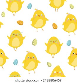 Cute cartoon chicken pattern. Funny yellow chickens, vector illustration. seamless pattern