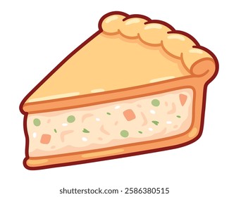 Cute cartoon chicken pot pie drawing. Simple hand drawn pie slice with creamy chicken and vegetables filling. Isolated vector clip art illustration.