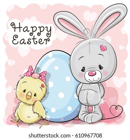 Cute Cartoon Chicken rabbit  and egg on a pink background