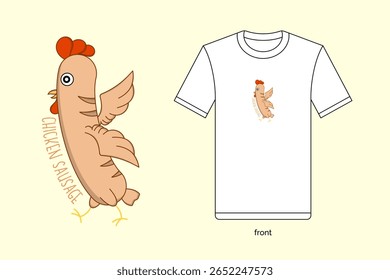 Ilustração de linguiça de frango de desenho animado bonito em design vetorial, com t-shirt mockup. EPS 10
