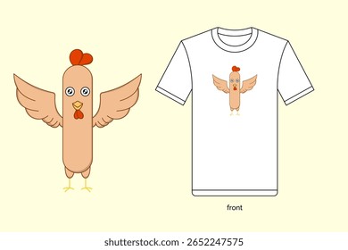Ilustração de linguiça de frango de desenho animado bonito em design vetorial, com t-shirt mockup. EPS 10