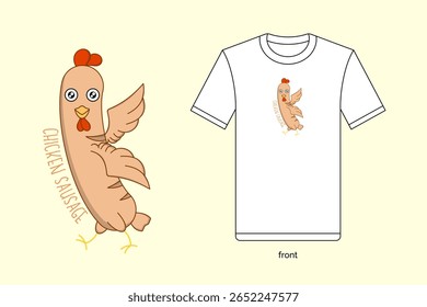 Ilustração de linguiça de frango de desenho animado bonito em design vetorial, com t-shirt mockup. EPS 10