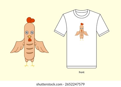 Ilustração de linguiça de frango de desenho animado bonito em design vetorial, com t-shirt mockup. EPS 10