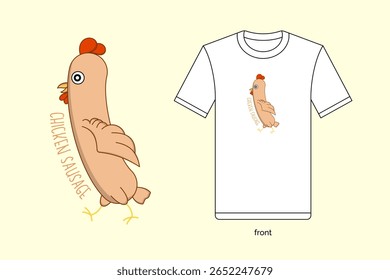 Ilustração de linguiça de frango de desenho animado bonito em design vetorial, com t-shirt mockup. EPS 10