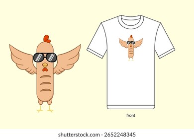 Ilustração de linguiça de frango de desenho animado bonito em design vetorial, com t-shirt mockup. EPS 10