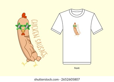 Ilustração de linguiça de frango de desenho animado bonito em design vetorial, com t-shirt mockup. EPS 10