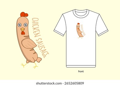 Ilustração de linguiça de frango de desenho animado bonito em design vetorial, com t-shirt mockup. EPS 10