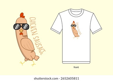 Ilustração de linguiça de frango de desenho animado bonito em design vetorial, com t-shirt mockup. EPS 10