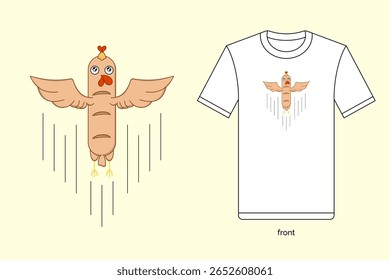 Ilustração de linguiça de frango de desenho animado bonito em design vetorial, com t-shirt mockup. EPS 10