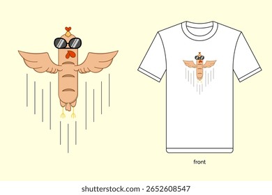 Ilustração de linguiça de frango de desenho animado bonito em design vetorial, com t-shirt mockup. EPS 10