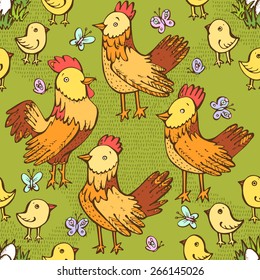 Cute cartoon chicken seamless pattern. Vector illustration with chickens chicks, flowers and butterflies.