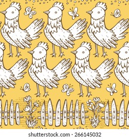 Cute cartoon chicken seamless pattern. Vector illustration with chickens chicks, flowers and butterflies.