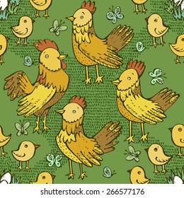 Cute cartoon chicken seamless pattern. Vector illustration with chickens chicks, flowers and butterflies.