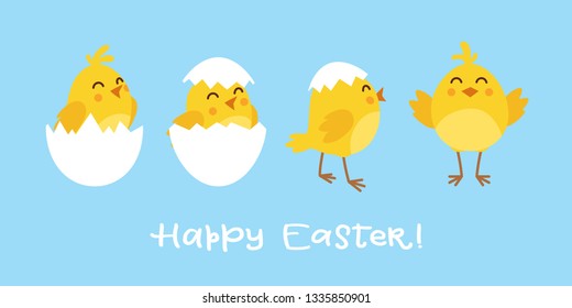 Cute cartoon chicken set. Funny yellow chickens in different poses, vector illustration.