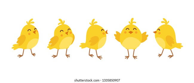 Cute cartoon chicken set. Funny yellow chickens in different poses, vector illustration.