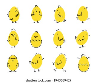 Cute cartoon chicken set. Funny yellow chickens in different poses, vector illustration.