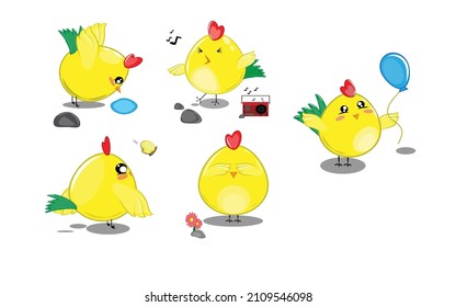 Cute cartoon chicken set. Funny yellow chickens in different poses,