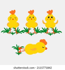 Cute cartoon chicken set. Funny yellow chickens in different poses, vector illustration.