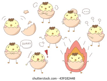 Cute cartoon chicken set. Funny yellow chickens in different poses, vector illustration on white background collection1