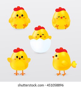 Cute Cartoon Chicken Set. Funny Yellow Chickens In Different Positions