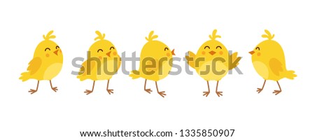 Cute cartoon chicken set. Funny yellow chickens in different poses, vector illustration.