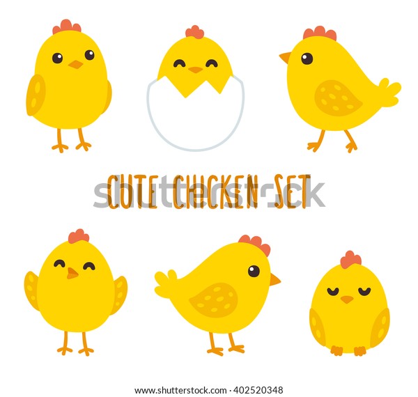 Cute cartoon chicken set. Funny\
yellow chickens in different poses, vector\
illustration.