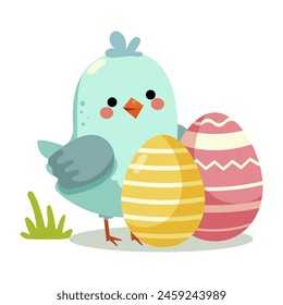 A cute cartoon chicken standing next to decorated Easter eggs on a plain white background, illustrating Easter celebration. Vector illustration