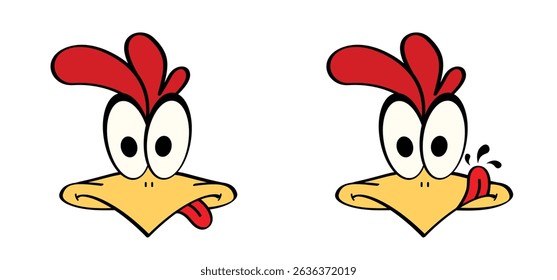 A cute cartoon chicken with tongue. Crazy chicken face mascot. Comic rooster character. yummy smile with tongue and lick. Food  logo.