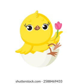 Cute cartoon chicken with tulip. Funny yellow chick in an eggshell.