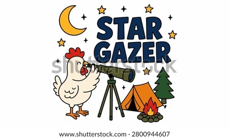 Cute cartoon chicken using a telescope while camping under a starry night sky with moon and tent.