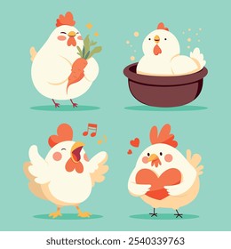 Desenho animado bonito frango vetor ilustrações conjunto. Animais de criação. Galinhas engraçadas em poses diferentes isoladas do fundo. Clipart e adesivo.