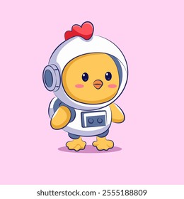 cute cartoon chicken wearing an astronaut suit animal cartoon vector design 