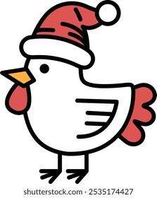 A cute cartoon chicken is wearing a red and white hat with a red star on it. The hat is festive and perfect for the holiday season