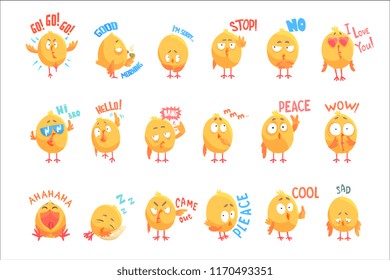 Cute cartoon chickens characters with different emotions and phrases set of vector Illustrations