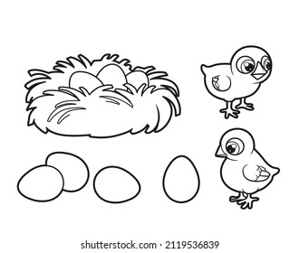 Cute cartoon chickens, nest and eggs outlined for coloring book on white background