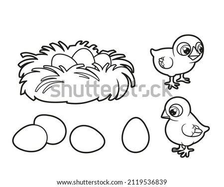 Cute cartoon chickens, nest and eggs outlined for coloring book on white background