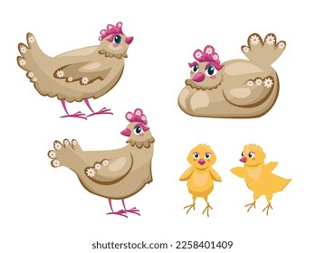 Cute cartoon chickens set. Little chicks. Farm birds and animals collection. Vector illustrations in comic style.