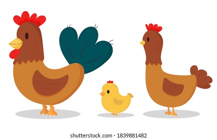 Cute cartoon chickens set on white background. Rooster, hen, chicken.