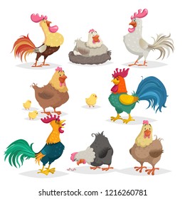 Cute cartoon chickens set. Roosters and hens in different poses. Little chicks. Farm birds and animals collection. Vector illustrations in comic style.