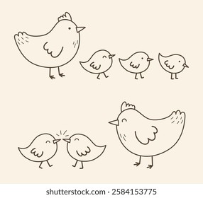 Cute cartoon chicks and chickens. Easter chicks icons in hand drawn style. Set. Vector illustration 