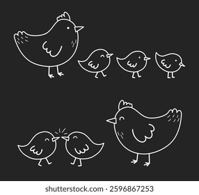 Cute cartoon chicks and chickens. Easter chicks icons in hand drawn style. Set. Vector illustration 