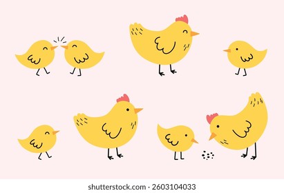 Cute cartoon chicks and chickens. Easter chicks. Set. Vector illustration 