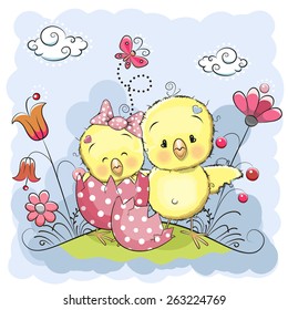 Cute Cartoon Chicks on a meadow with flowers and butterflies
